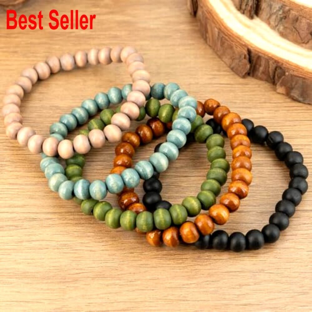Wooden Bead Bracelets Set of 5 Elastic Bohemian Wrap Bangle - Picture 3 of 4